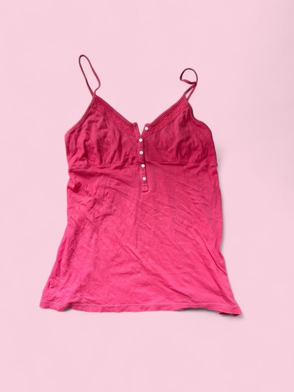 Pink Button Front Lace Trim Camisole Tank Top